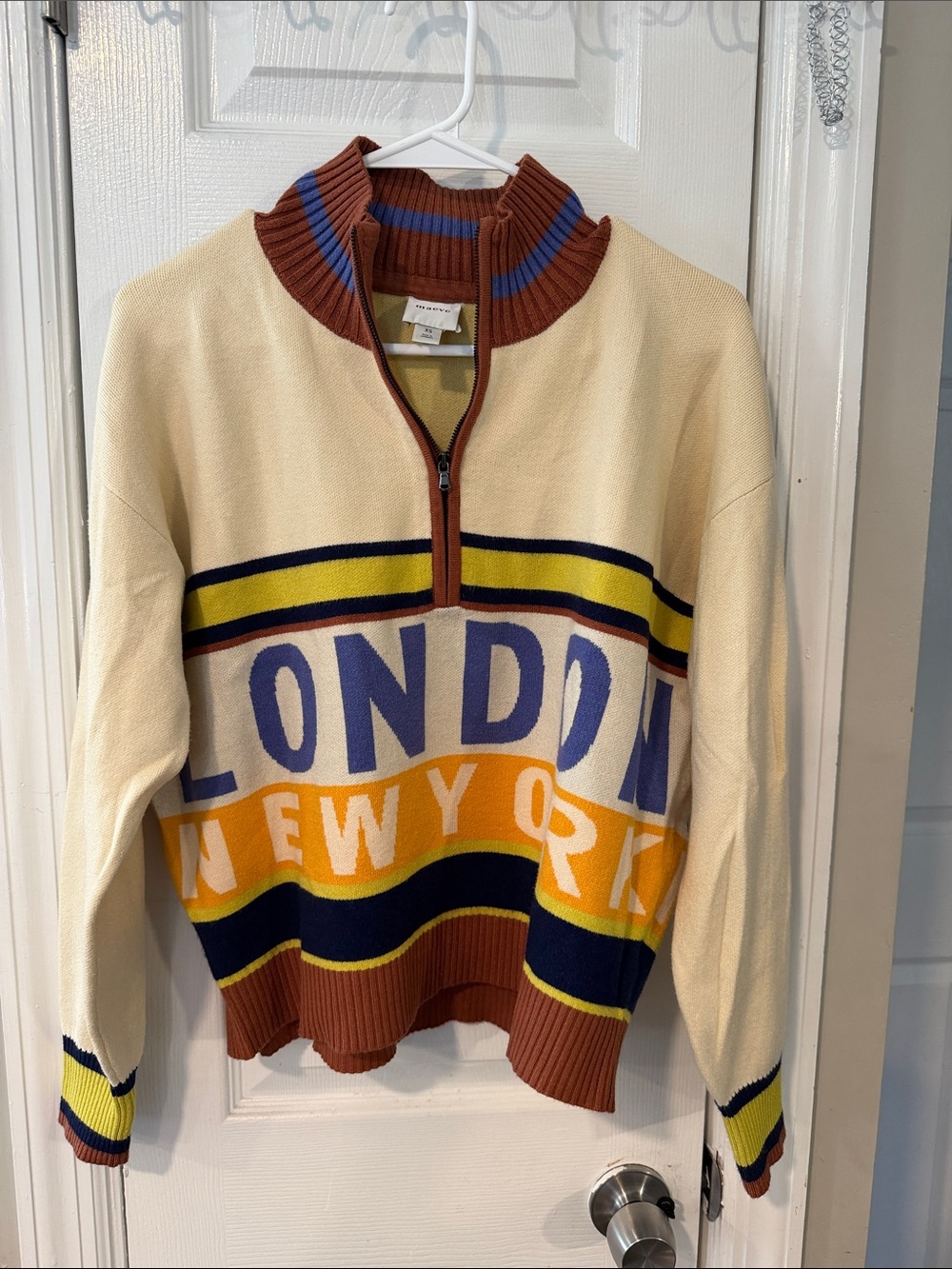 Maeve Cream Zip-Neck Sweater with Blue, Mustard & Rust Accents